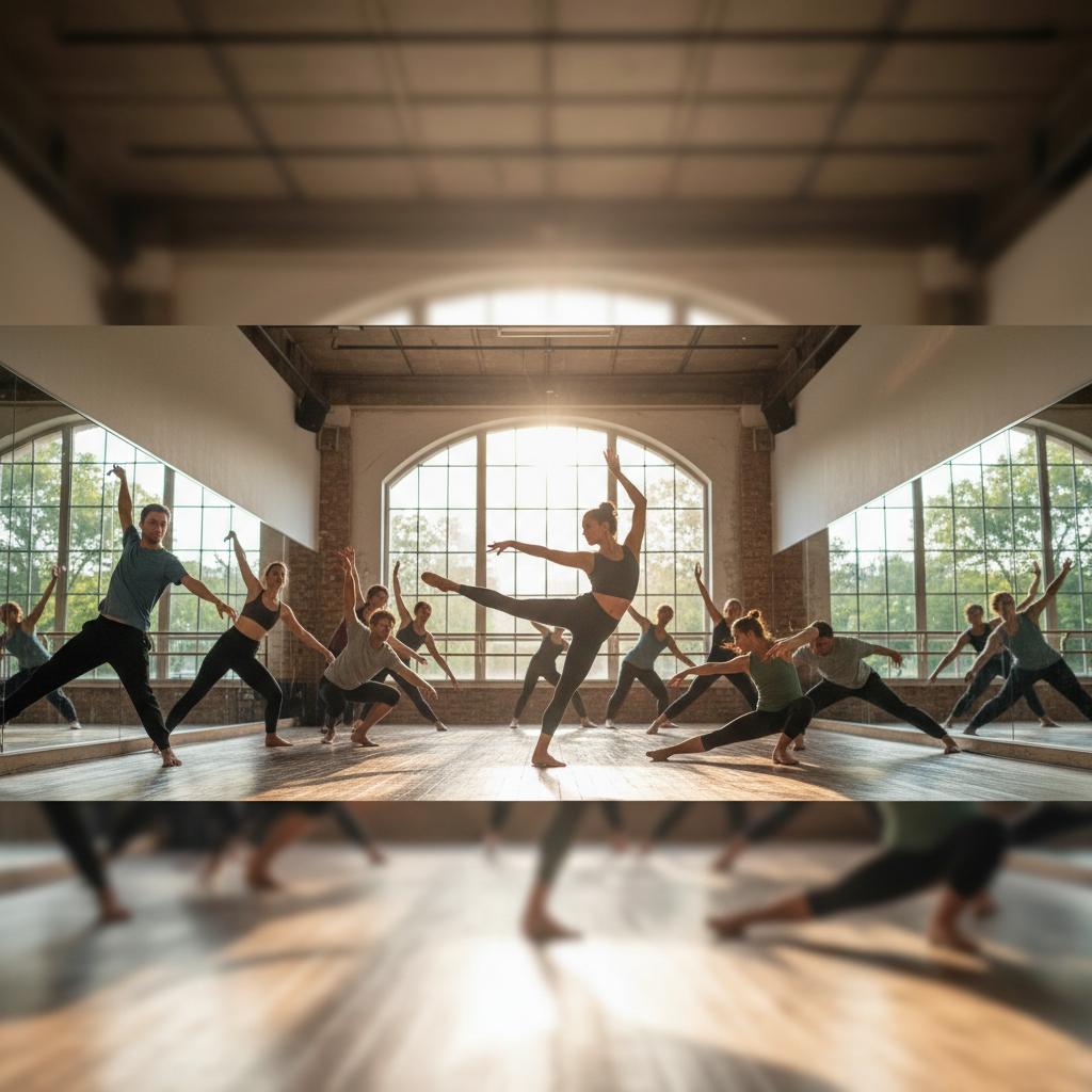 A smiling dance instructor guiding a group of beginners in a bright, modern studio.