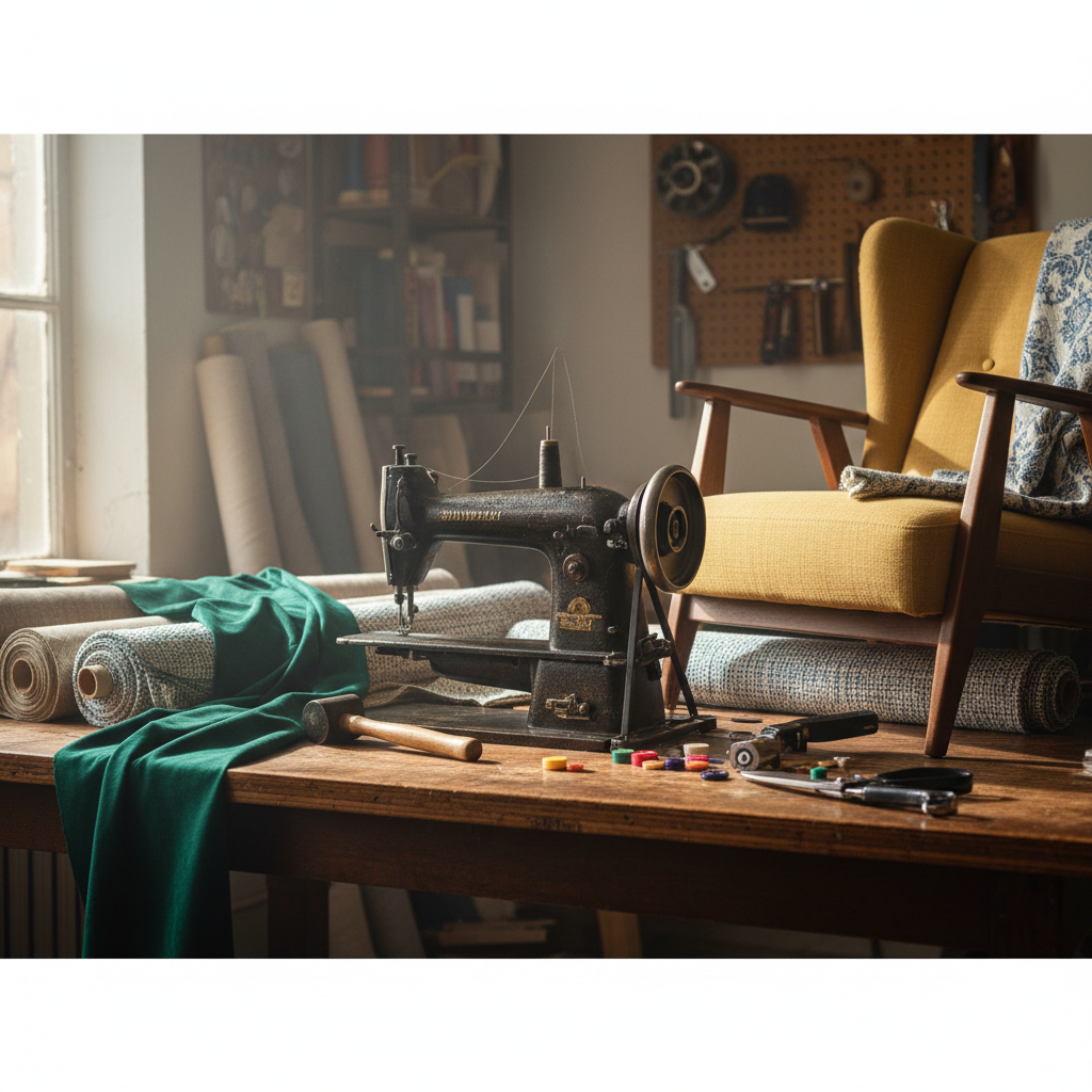 A skilled upholsterer working on a vintage armchair in a local workshop.