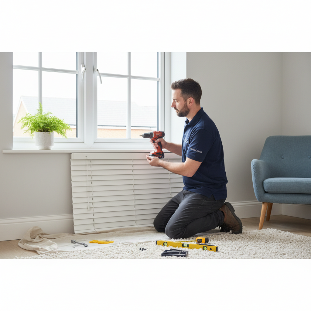 A professional blinds installer fitting a grey roller blind in a modern living room.