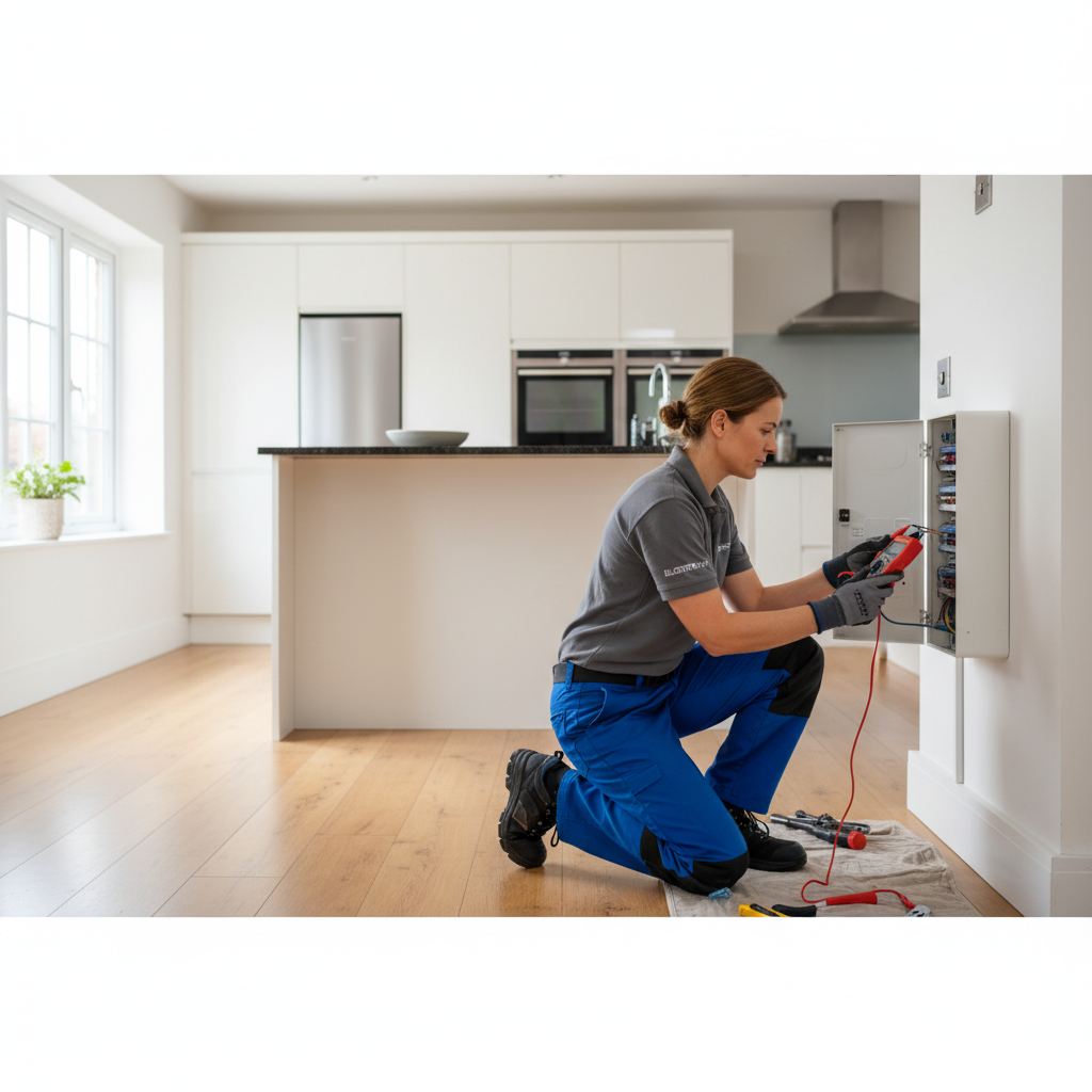 A professional local electrician in a branded uniform safely installing a new light fixture in a modern residential living room.