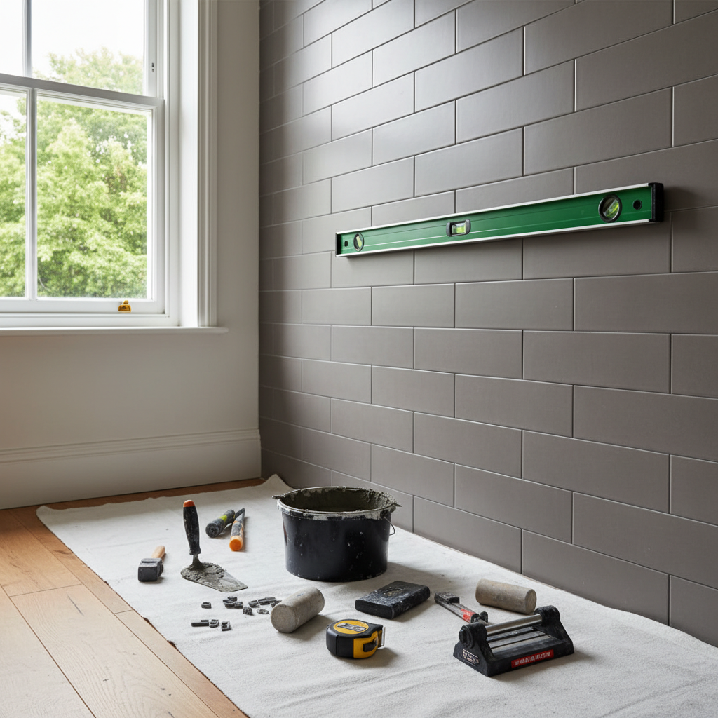Expert tiler applying adhesive to a kitchen wall for a new backsplash.