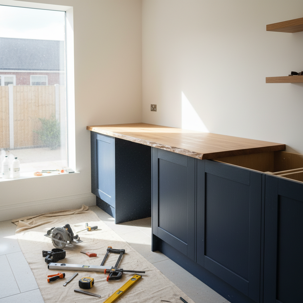 A newly installed modern shaker-style kitchen with sleek wood countertops and integrated appliances.