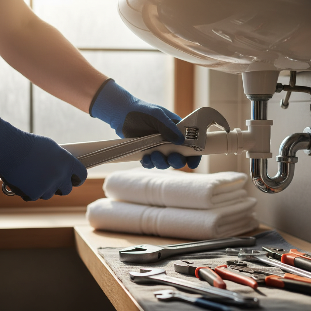 A professional plumber repairing a copper pipe under a kitchen sink with a wrench.