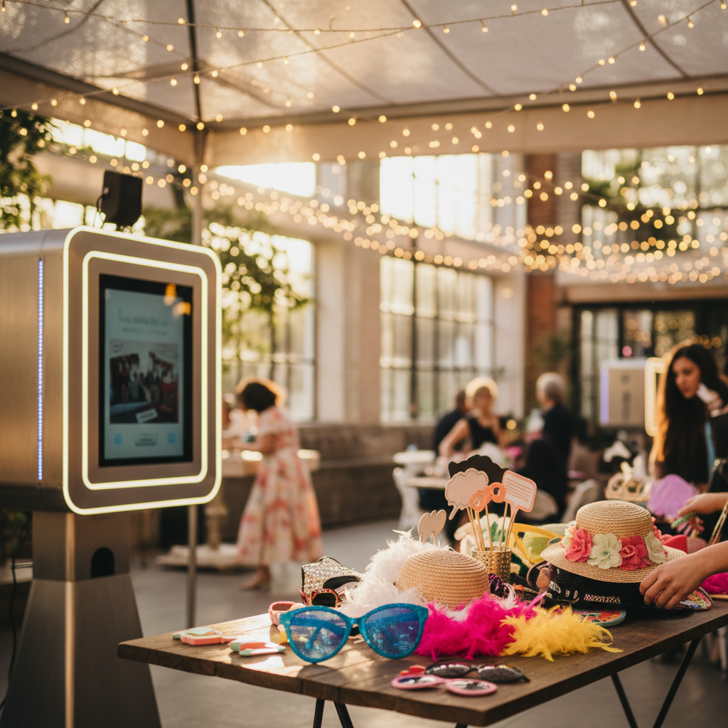 A stylish vintage-style photo booth set up at a local event with props on a side table.