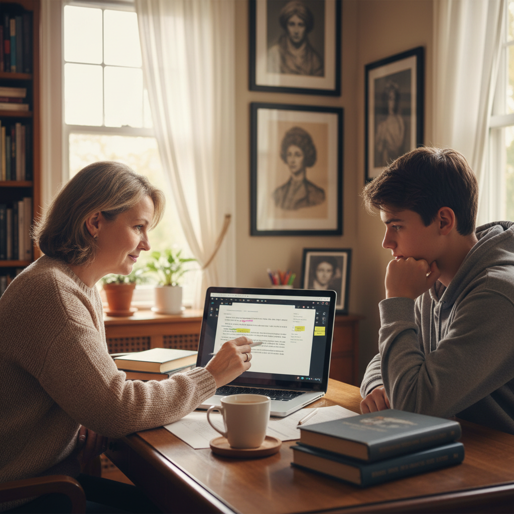 A primary school student and a friendly English tutor working together on a creative writing exercise in a bright living room setting.