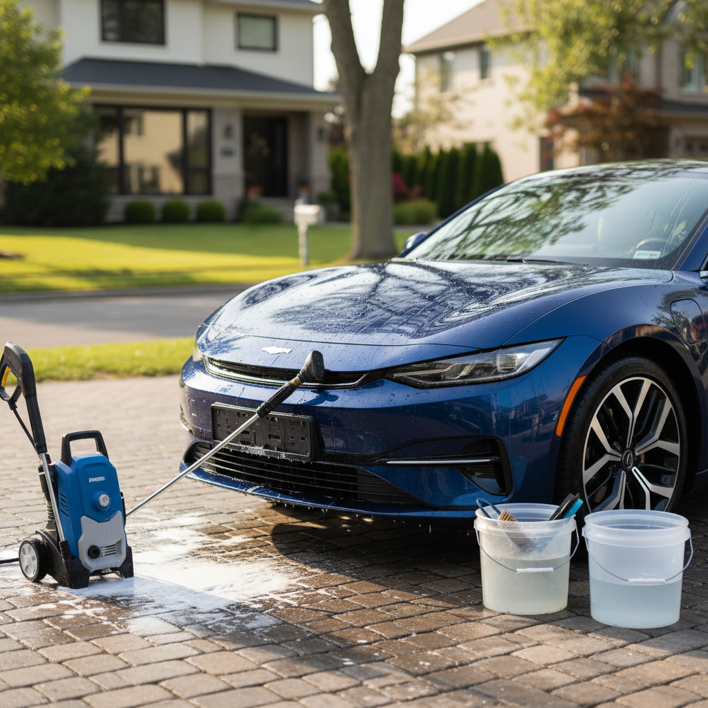 A professional car valeter cleaning a car on a residential driveway with high-quality equipment.