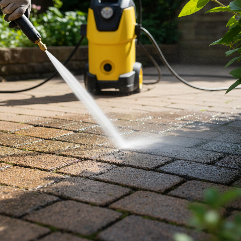 A professional jet washer cleaning a mossy stone driveway to reveal the original stone colour.