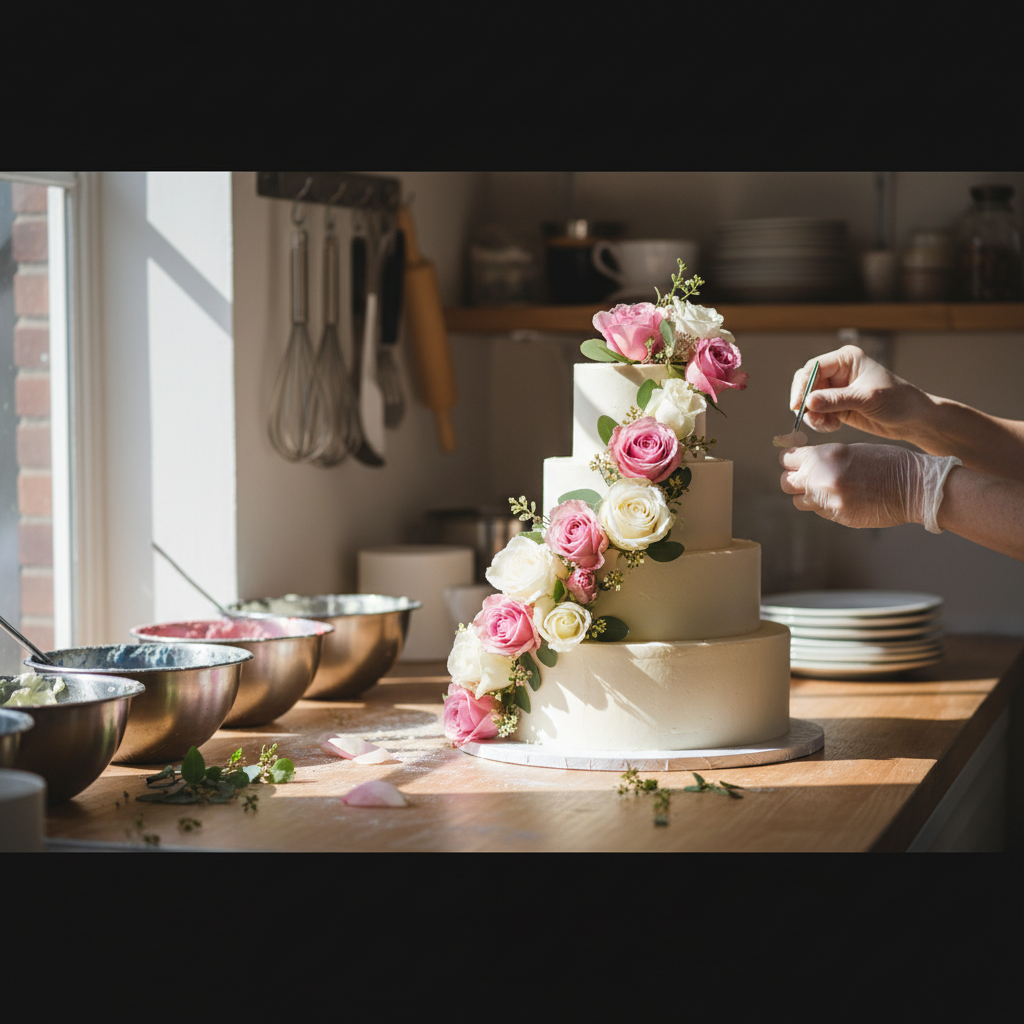 A beautifully tiered white wedding cake decorated with fresh flowers sitting on a rustic wooden stand.