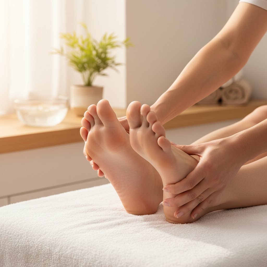 A peaceful local reflexology studio with soft lighting, a comfortable reclining chair, and essential oils on a wooden side table.