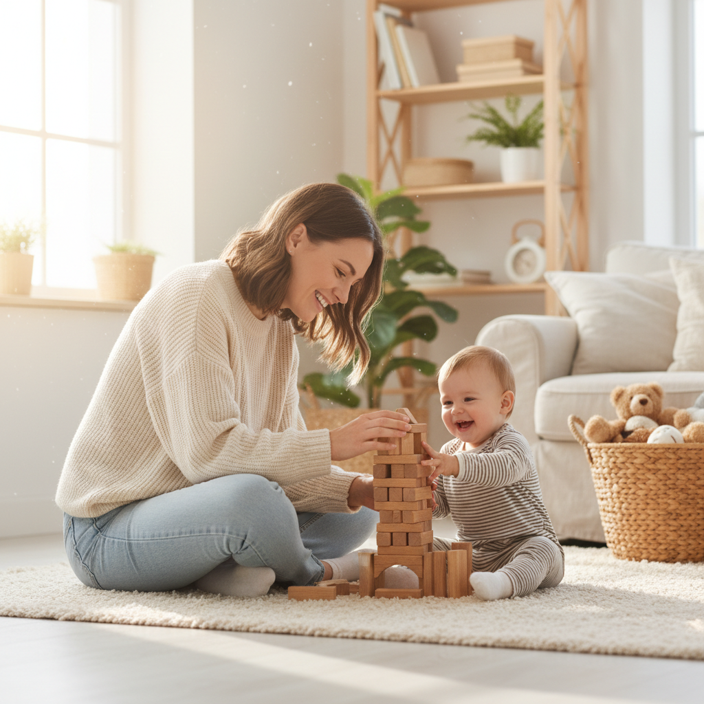 A professional nanny reading a storybook to two young children on a sofa in a bright living room.