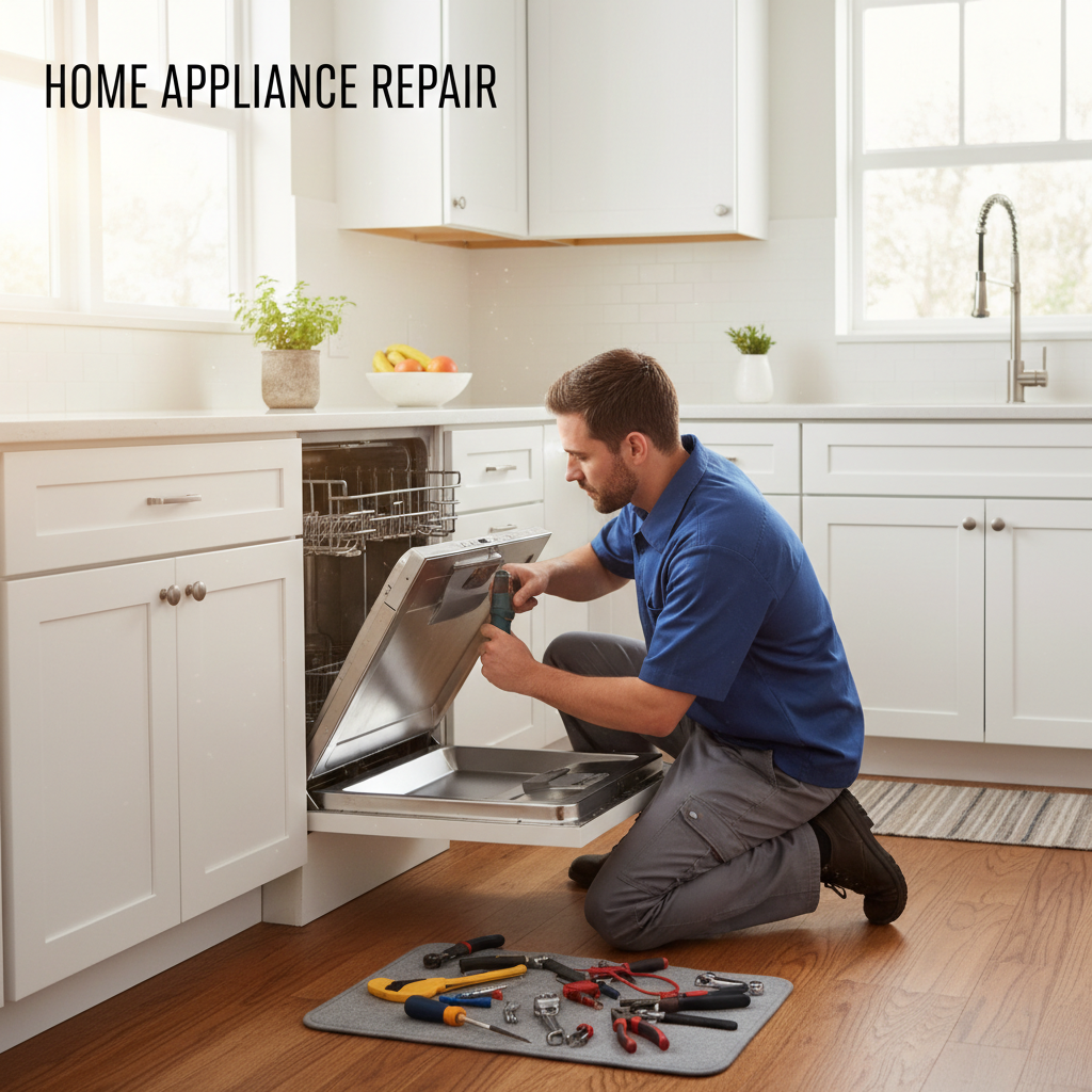 A professional engineer in a branded polo shirt repairing a modern washing machine in a bright kitchen.