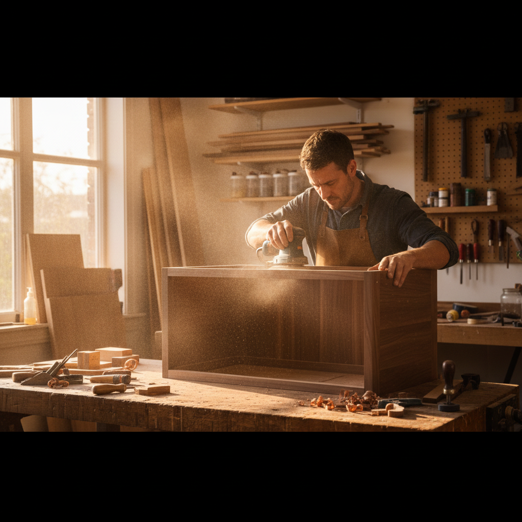 A skilled carpenter in a bright workshop hand-finishing a bespoke oak dining table.